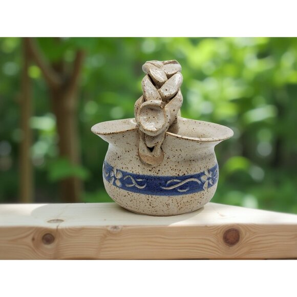 vintage 1991 handmade clay fired braided handle art pottery signed basket plante - Picture 4 of 12